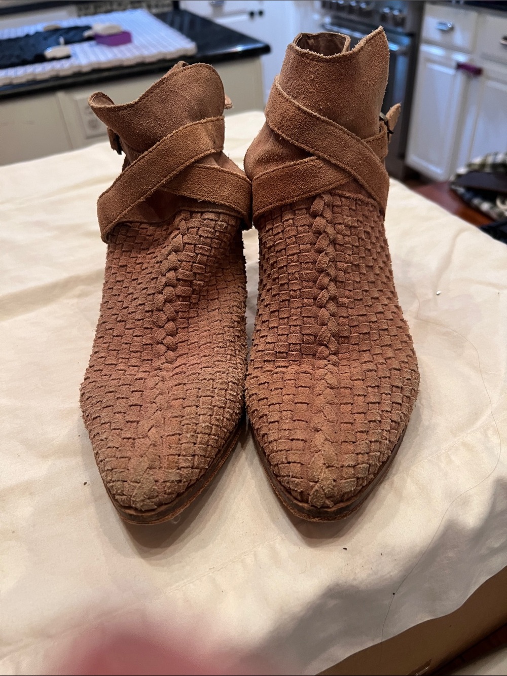 Free People Woven Suede Ankle Booties in Rust Brown